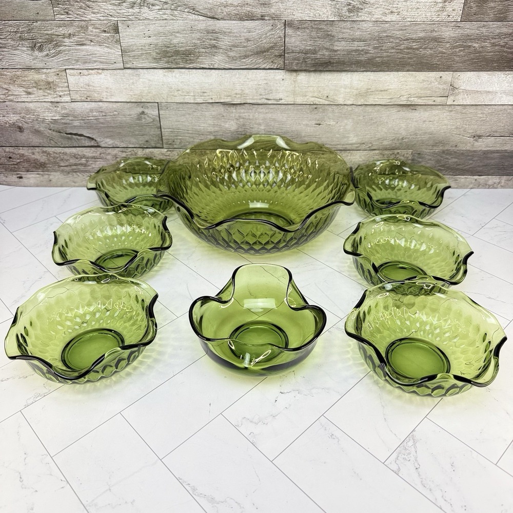 Indiana Glass Avocado Green Diamond Point Ruffled Serving Bowls - Set of 8